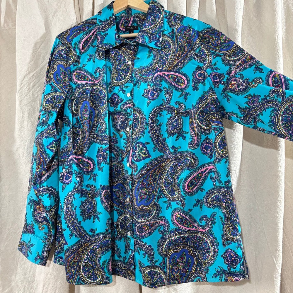 Talbots NWOT 1X Turquoise Blue Paisley Cotton Stretch Button Down Shirt Blouse - Picture 2 of 7
